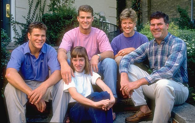The Lindros family (left to right): Brett, Eric, Bonnie, Carl, Robin (front).